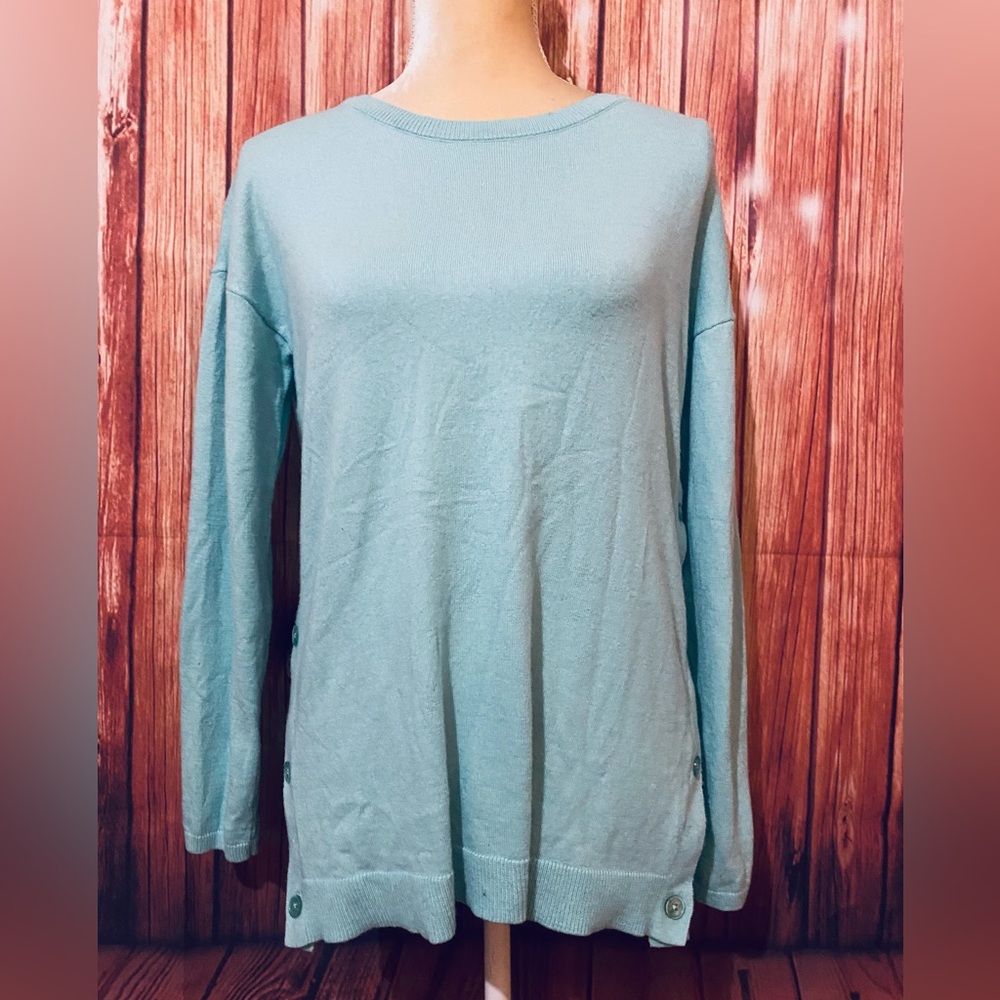 Women’s Small Sweater Talbots Aqua Blue Lightweight Knit Side Buttons Lambswool